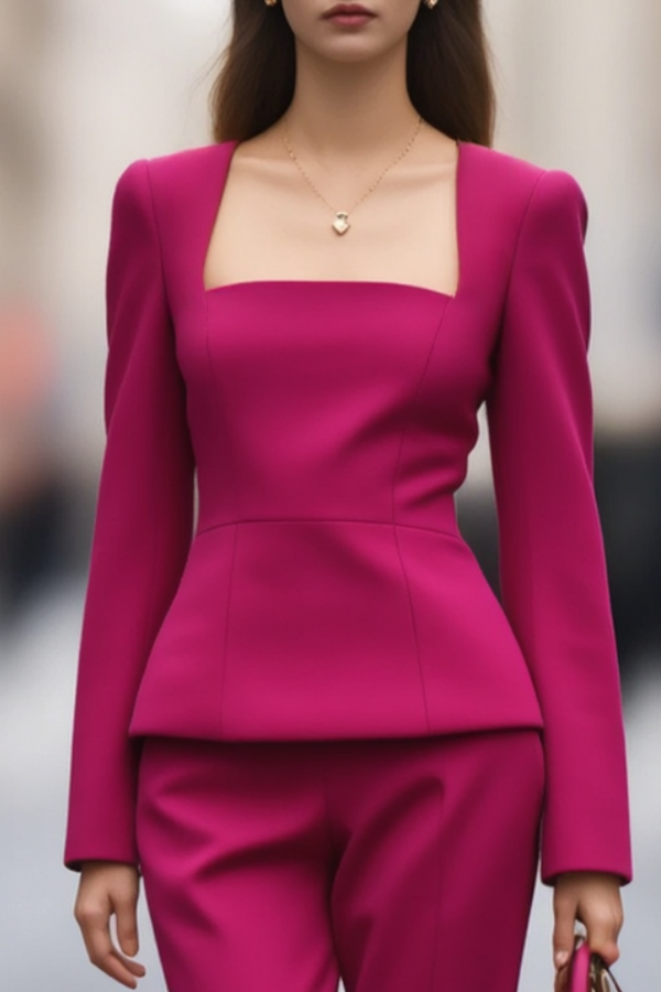 Work Outfit Sets Fuchsia Square Neck Long Sleeve Pants Set