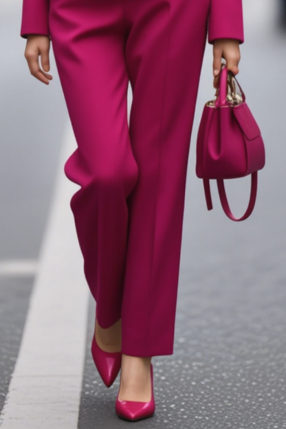 Work Outfit Sets Fuchsia Square Neck Long Sleeve Pants Set
