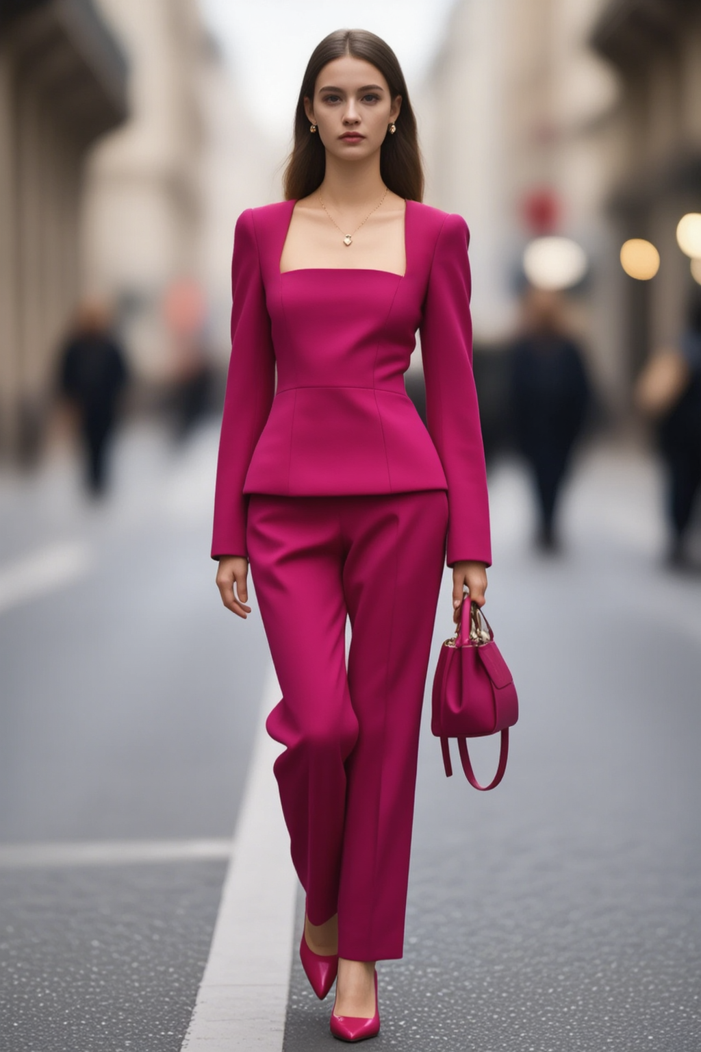Work Outfit Sets Fuchsia Square Neck Long Sleeve Pants Set