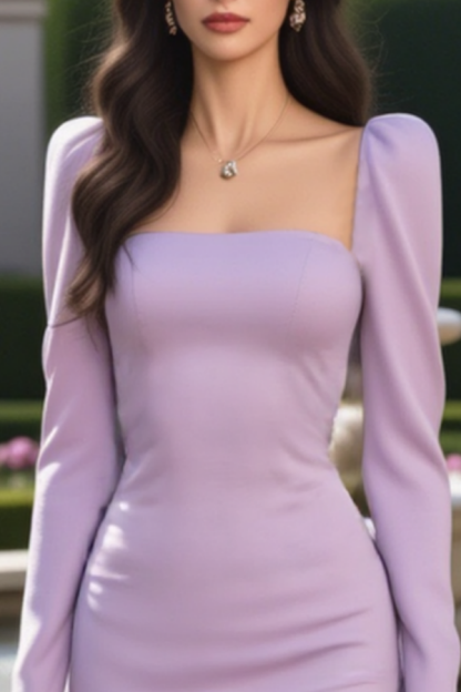 Homecoming Dress​​ Purple Square Neck Long Sleeve with Train Mini Dress