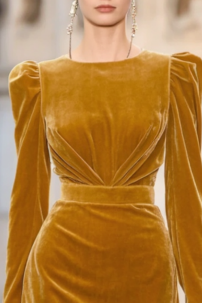 Homecoming Dress​​ Golden Crew Neck Long Sleeve with Train Mini Velvet Dress