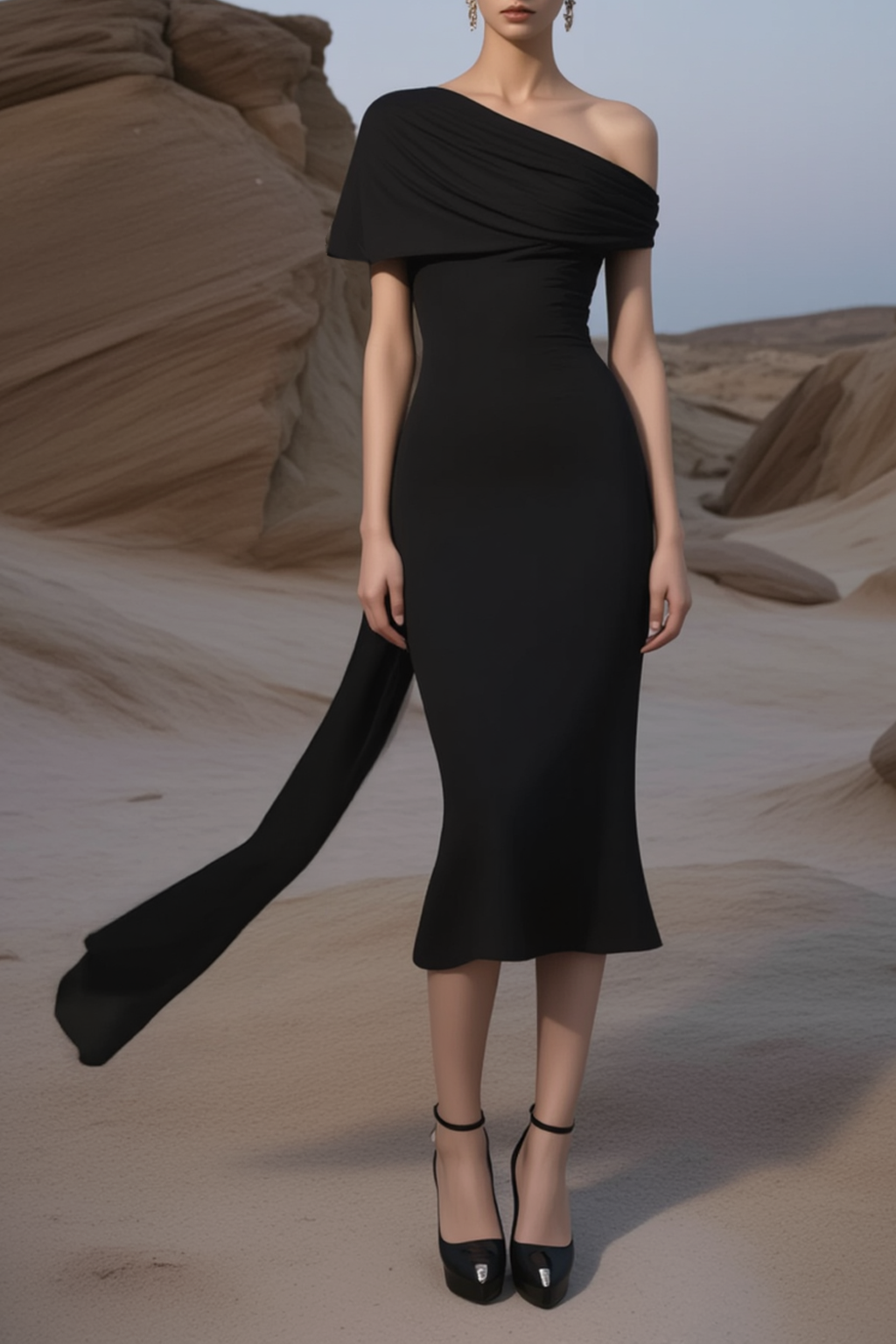 Cocktail Party Dress Black One Shoulder Midi Dress