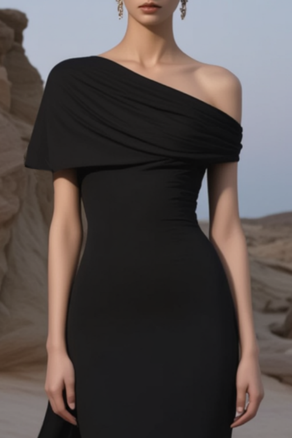 Cocktail Party Dress Black One Shoulder Midi Dress