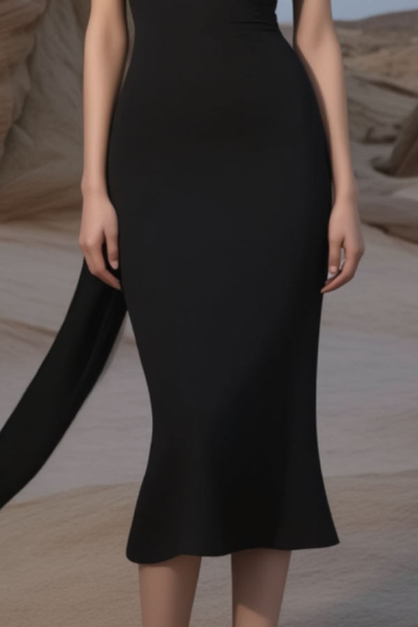 Cocktail Party Dress Black One Shoulder Midi Dress