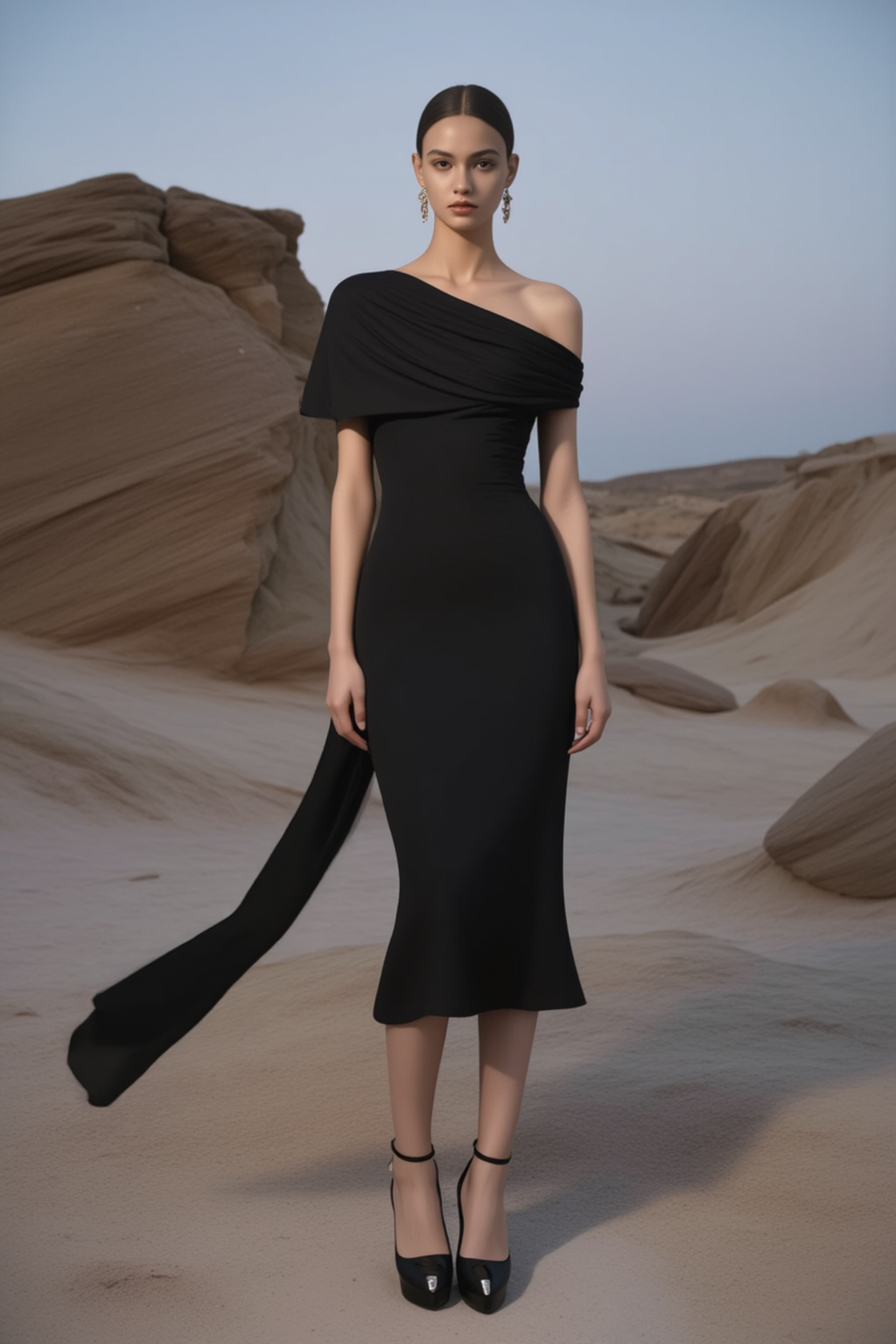Cocktail Party Dress Black One Shoulder Midi Dress