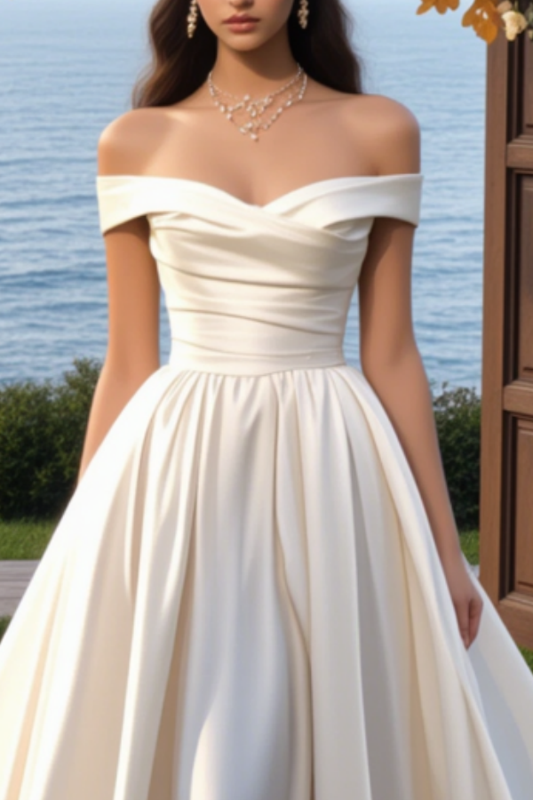Formal ​Wedding Dress White Off Shoulder Satin Maxi Dress