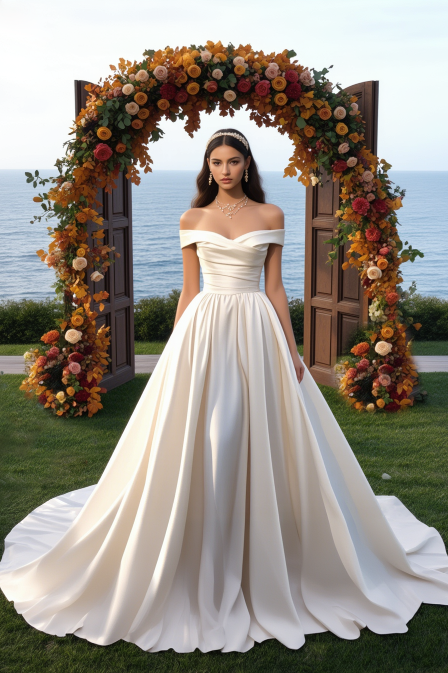 Formal ​Wedding Dress White Off Shoulder Satin Maxi Dress