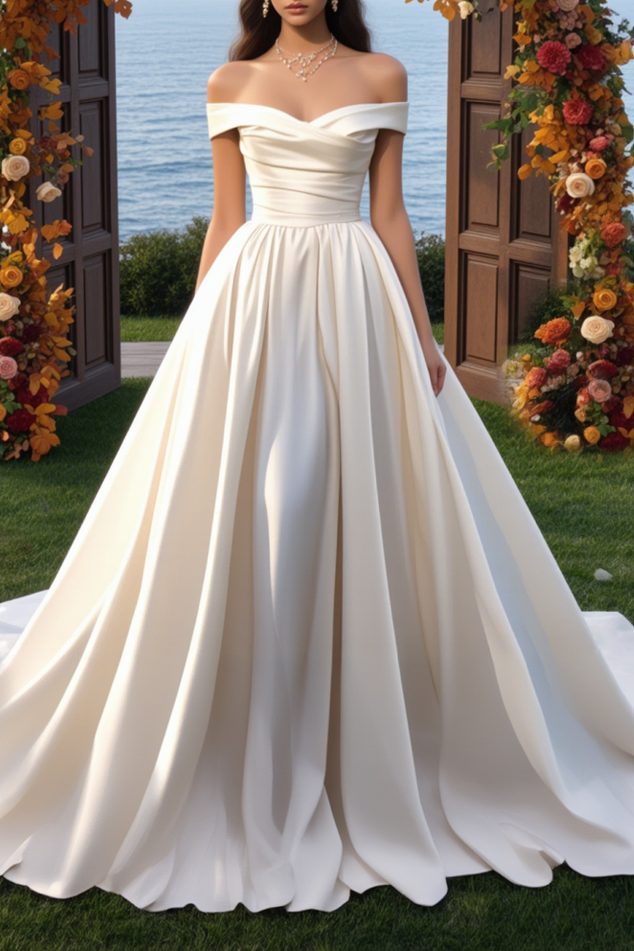Formal ​Wedding Dress White Off Shoulder Satin Maxi Dress