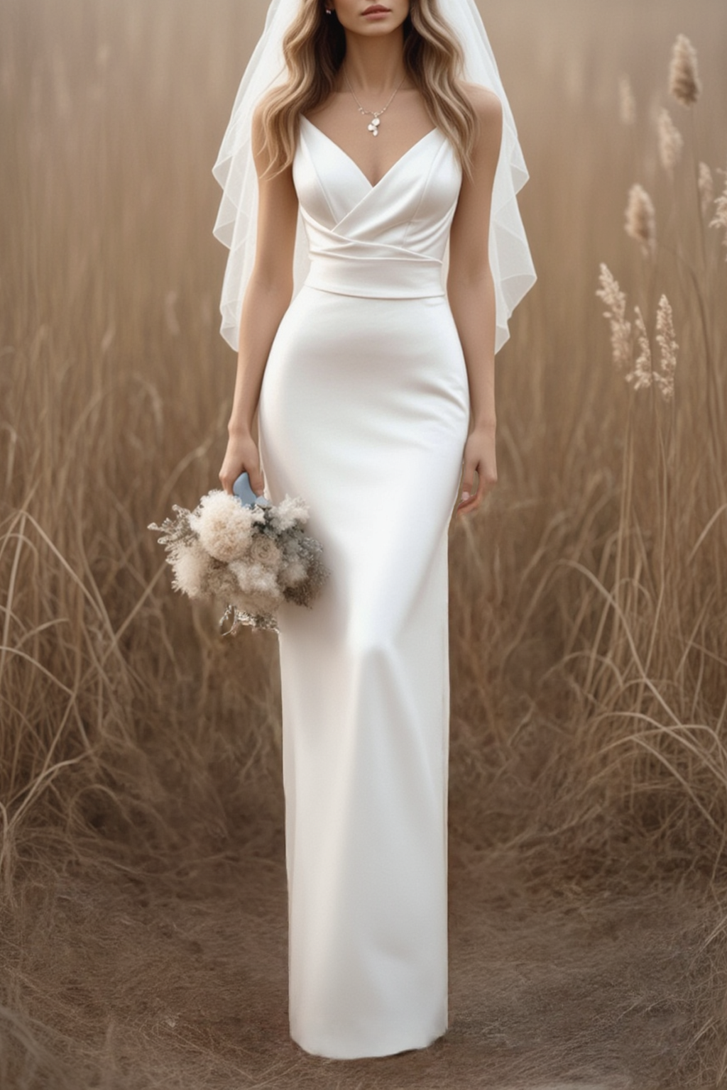 Formal ​Wedding Dress White V Neck Satin Maxi Dress