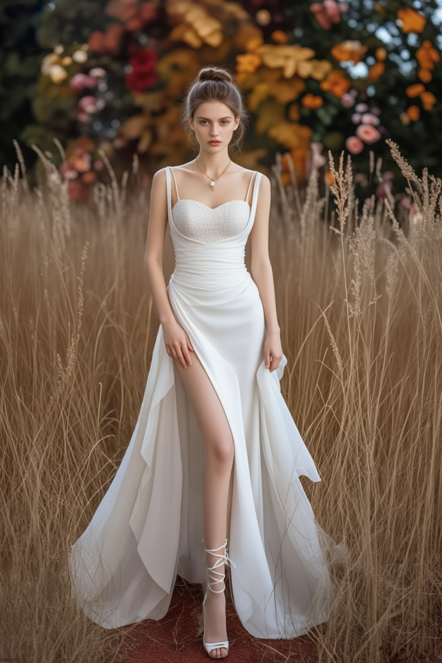 Formal ​Wedding Dress White Spaghetti Strap Satin Maxi Dress