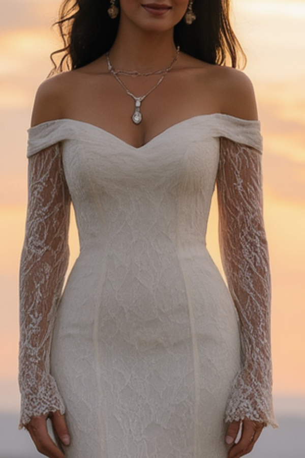 Formal ​Wedding Dress White Off Shoulder Long Sleeve Lace Maxi Dress