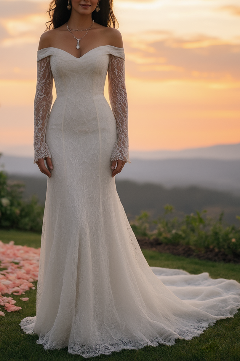 Formal ​Wedding Dress White Off Shoulder Long Sleeve Lace Maxi Dress