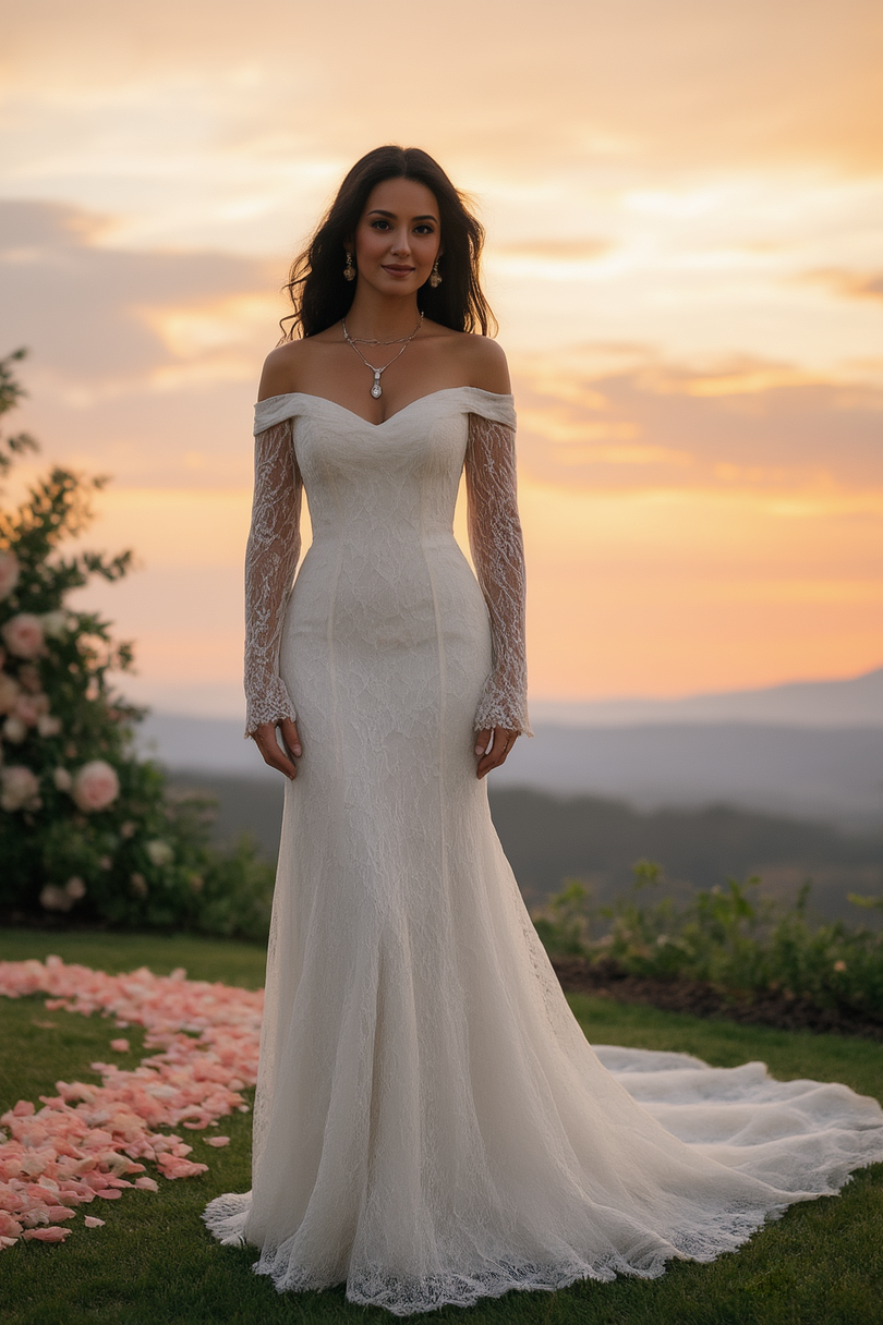 Formal ​Wedding Dress White Off Shoulder Long Sleeve Lace Maxi Dress