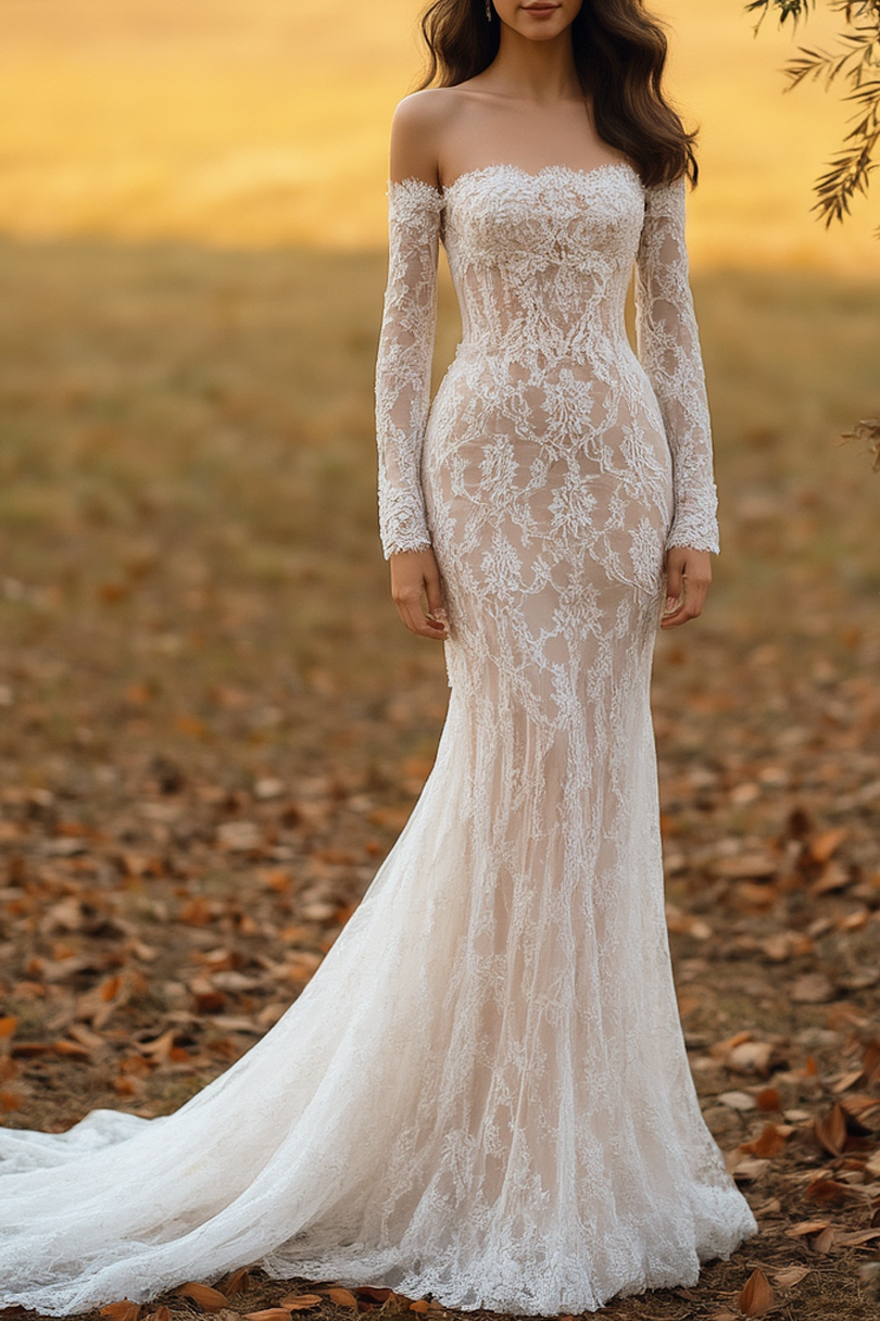Formal ​Wedding Dress White Off Shoulder Long Sleeve Lace Maxi Dress