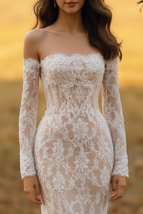 Formal ​Wedding Dress White Off Shoulder Long Sleeve Lace Maxi Dress
