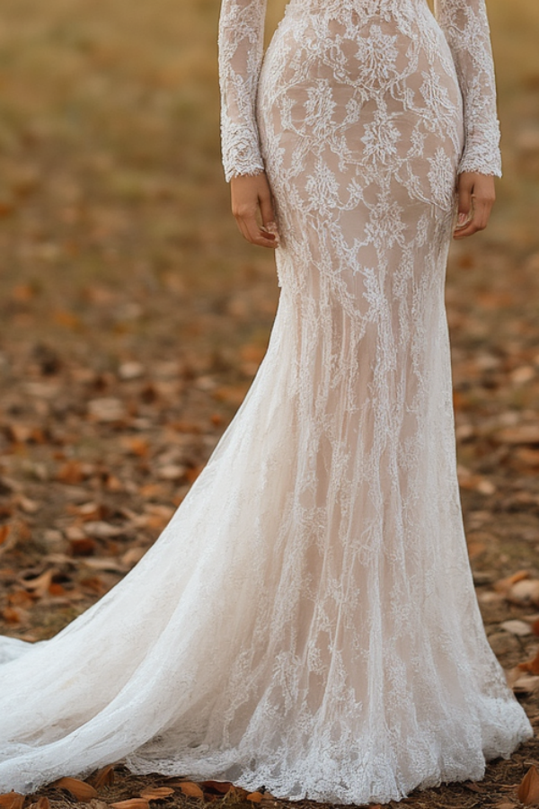 Formal ​Wedding Dress White Off Shoulder Long Sleeve Lace Maxi Dress