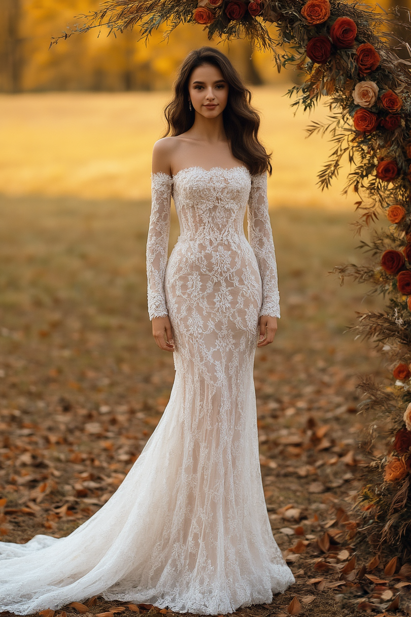 Formal ​Wedding Dress White Off Shoulder Long Sleeve Lace Maxi Dress