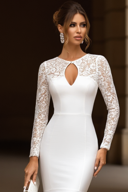 Simple ​Wedding Dress White V Neck Lace Midi Mermaid Dress