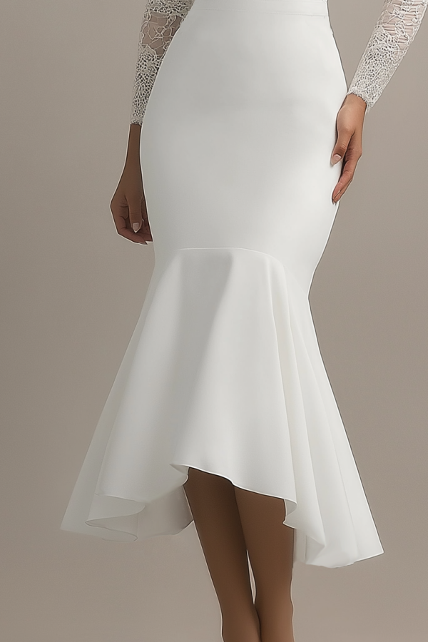 Simple ​Wedding Dress White V Neck Lace Midi Long Sleeve Mermaid Dress