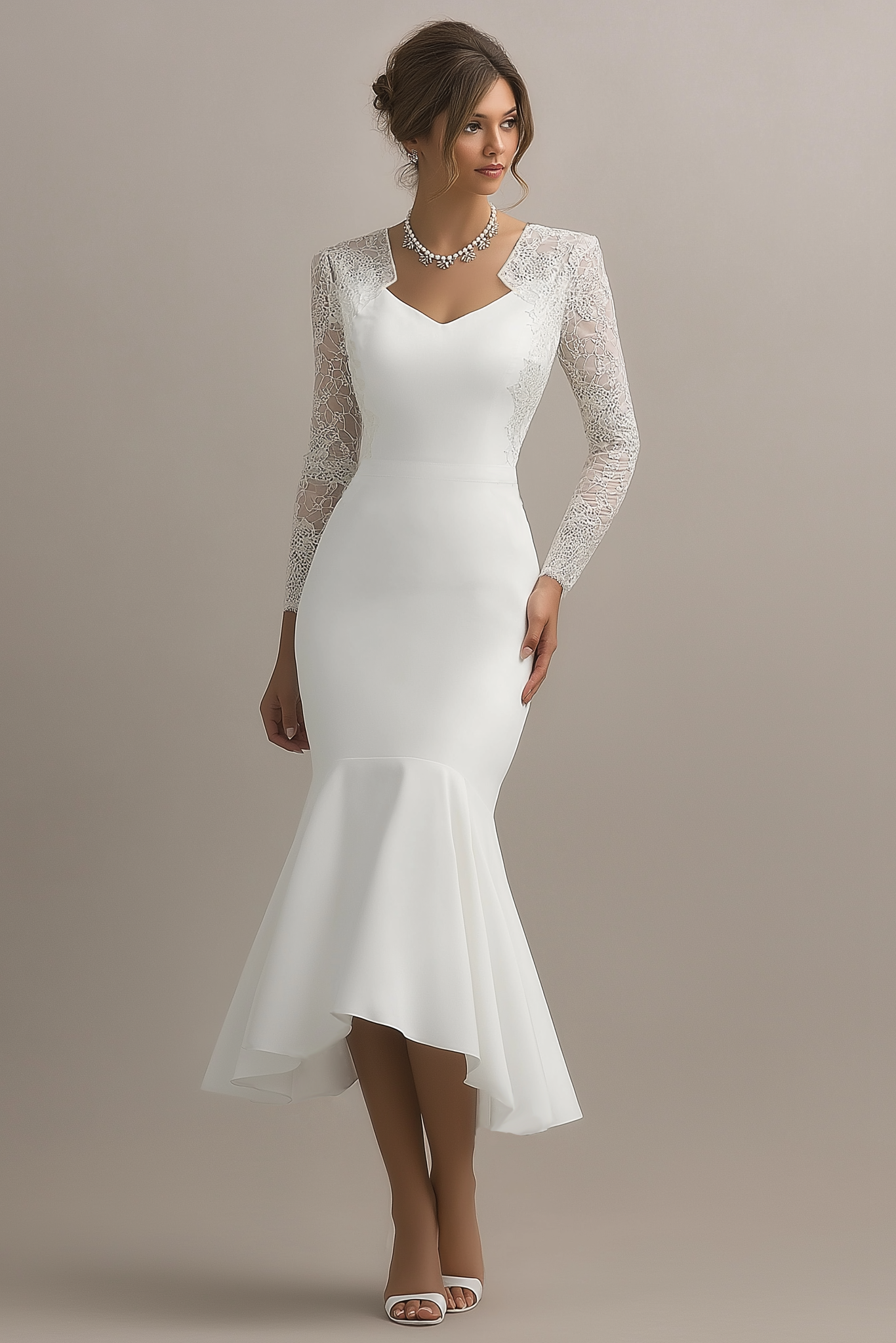 Simple ​Wedding Dress White V Neck Lace Midi Long Sleeve Mermaid Dress
