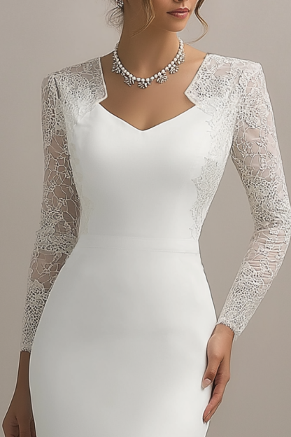 Simple ​Wedding Dress White V Neck Lace Midi Long Sleeve Mermaid Dress