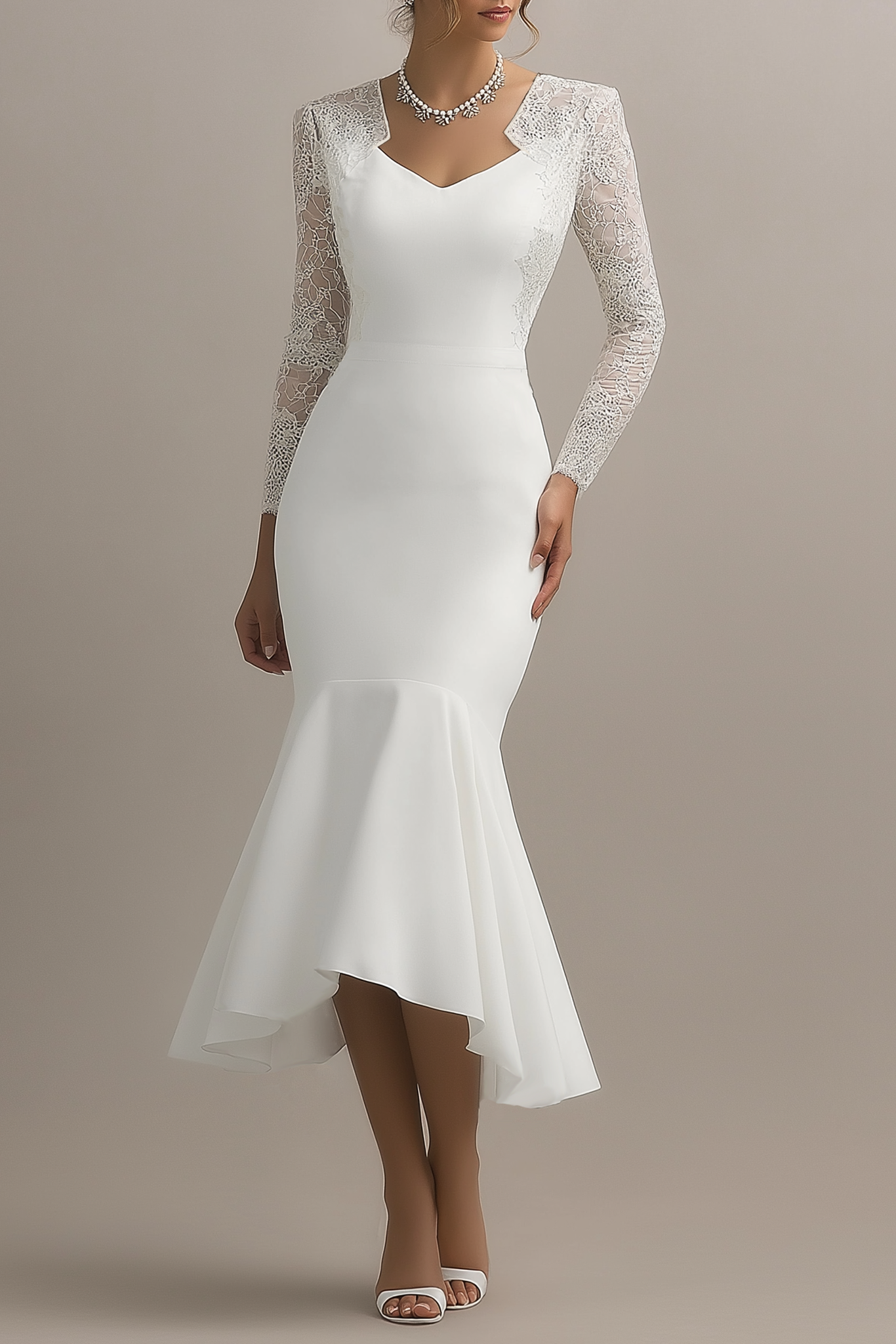 Simple ​Wedding Dress White V Neck Lace Midi Long Sleeve Mermaid Dress