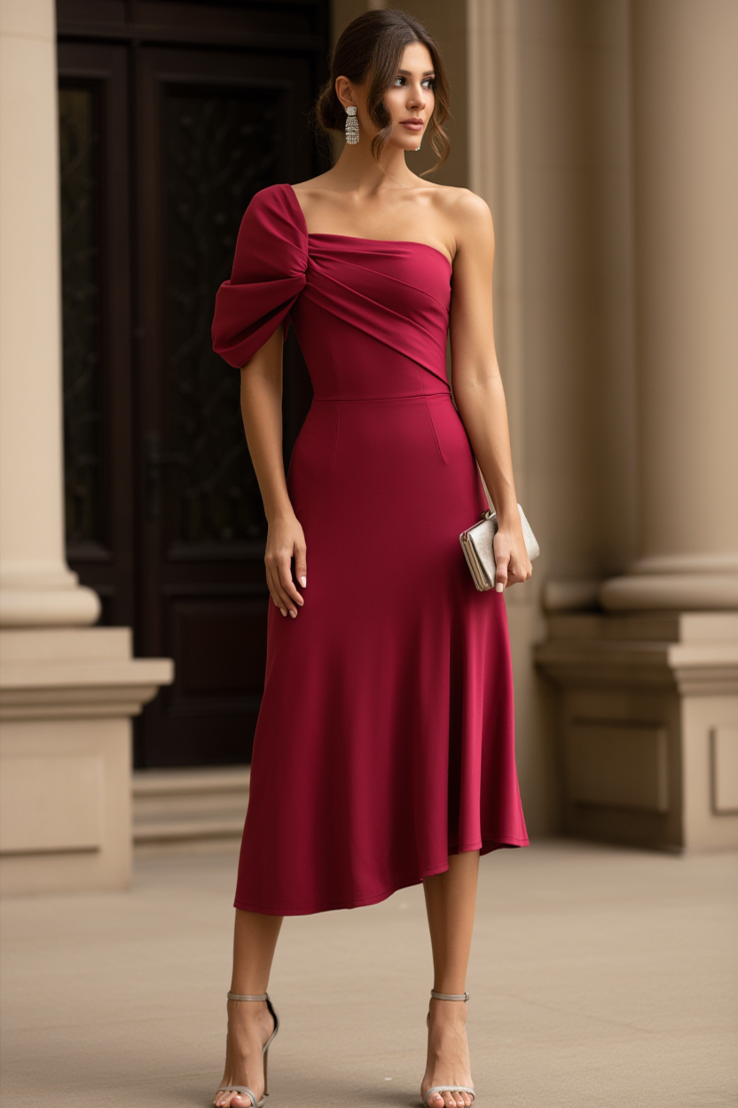 Cocktail Party Dress Rose One Shoulder Midi Dress