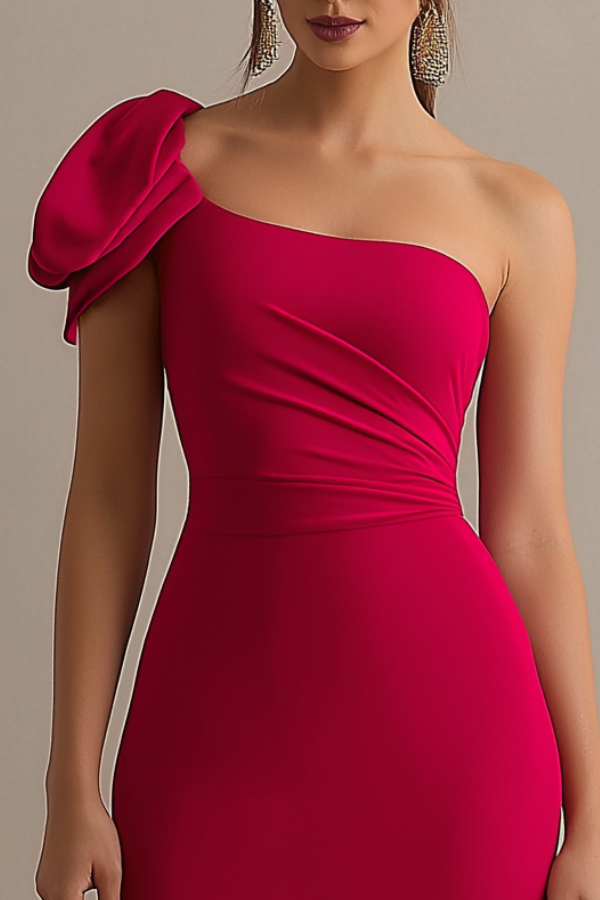 Cocktail Party Dress Rose One Shoulder Midi Dress