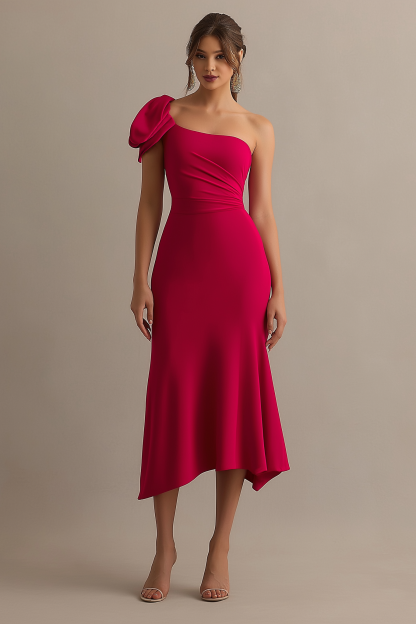 Cocktail Party Dress Rose One Shoulder Midi Dress