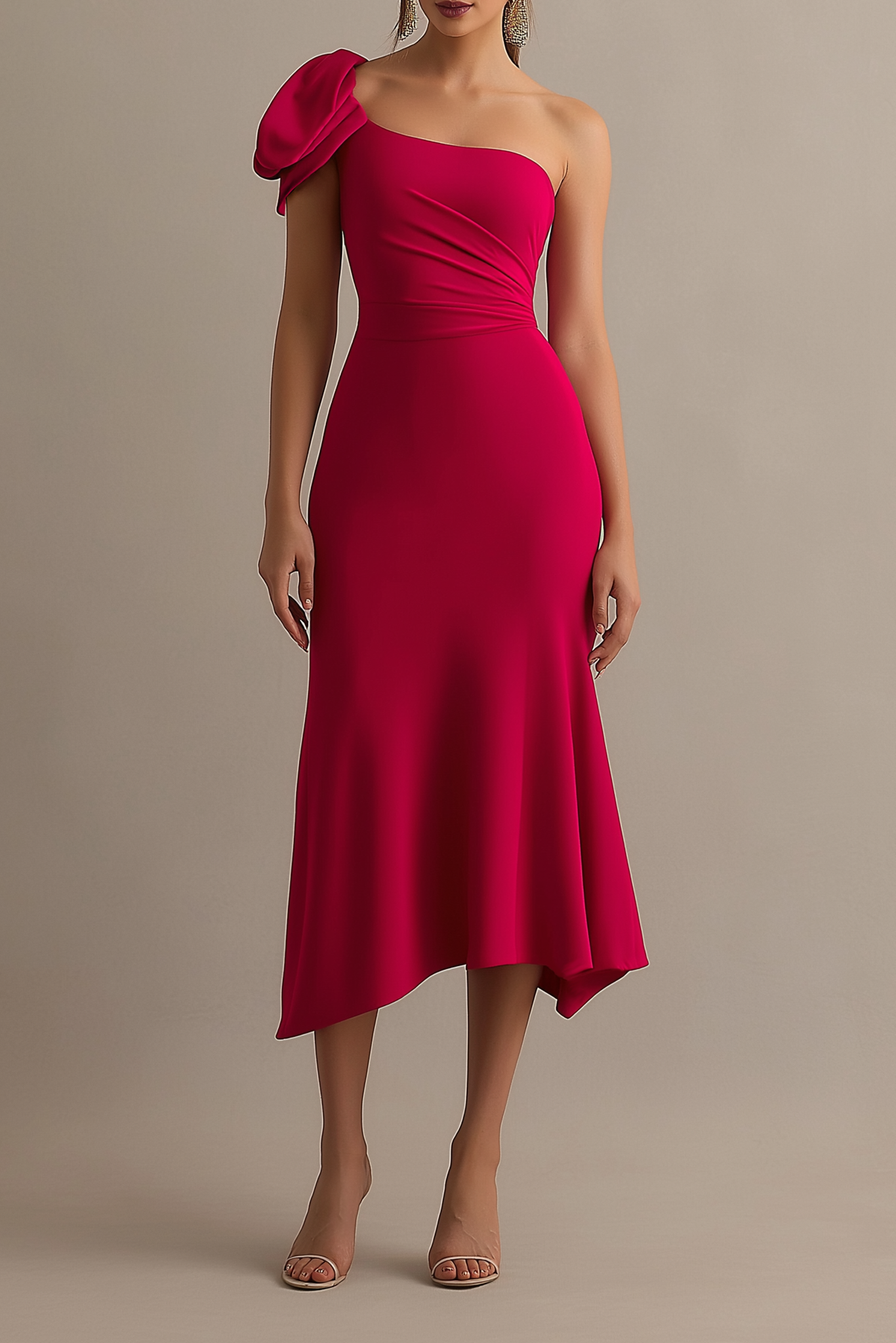 Cocktail Party Dress Rose One Shoulder Midi Dress