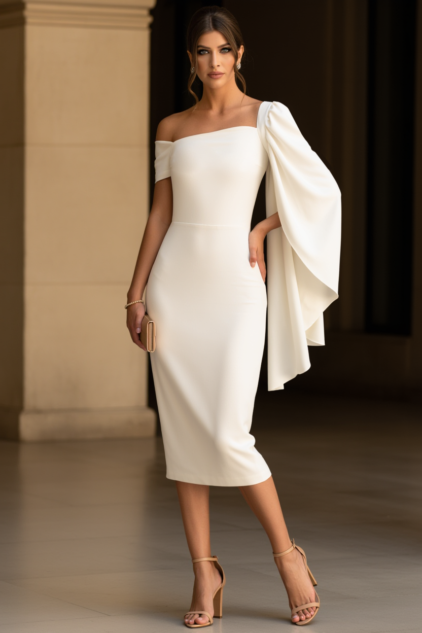 Cocktail Party Dress Red Off Shoulder Asymmetrical Sleeve Midi Dress