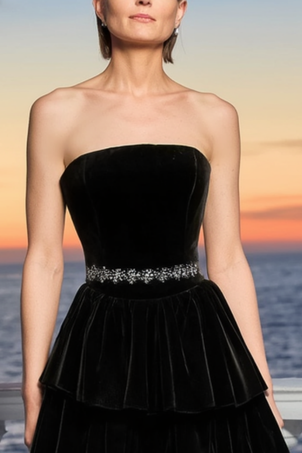 Formal Evening Dress Black Strapless Belted Maxi Tiered Dress