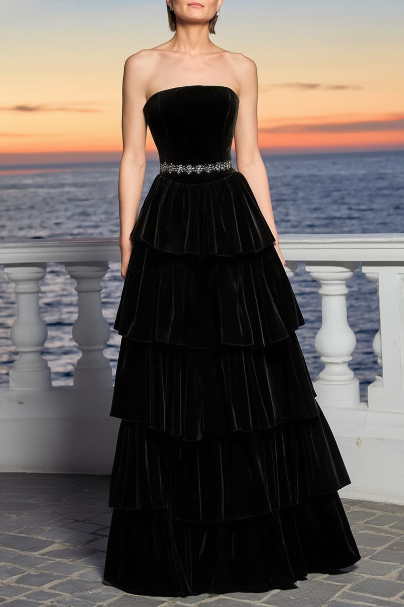 Formal Evening Dress Black Strapless Belted Maxi Tiered Dress