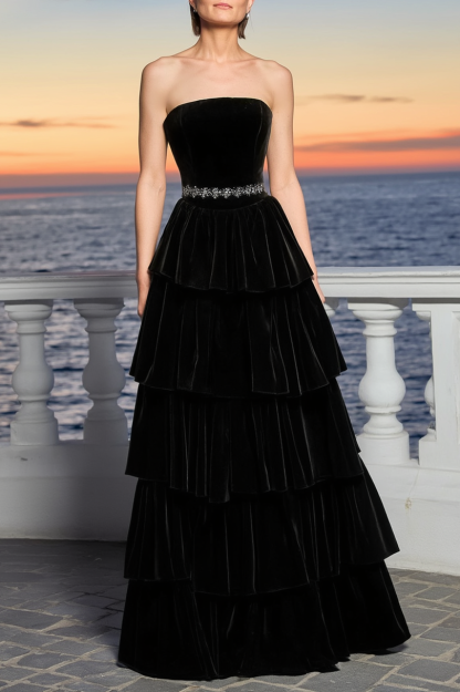 Formal Evening Dress Black Strapless Belted Maxi Tiered Dress