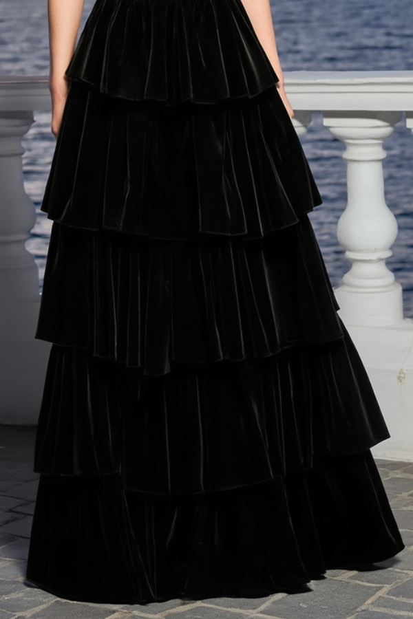 Formal Evening Dress Black Strapless Belted Maxi Tiered Dress