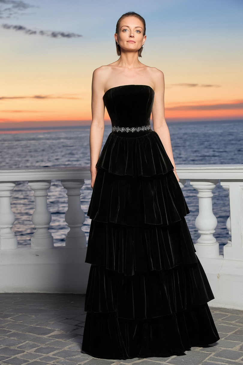 Formal Evening Dress Black Strapless Belted Maxi Tiered Dress