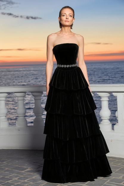 Formal Evening Dress Black Strapless Belted Maxi Tiered Dress
