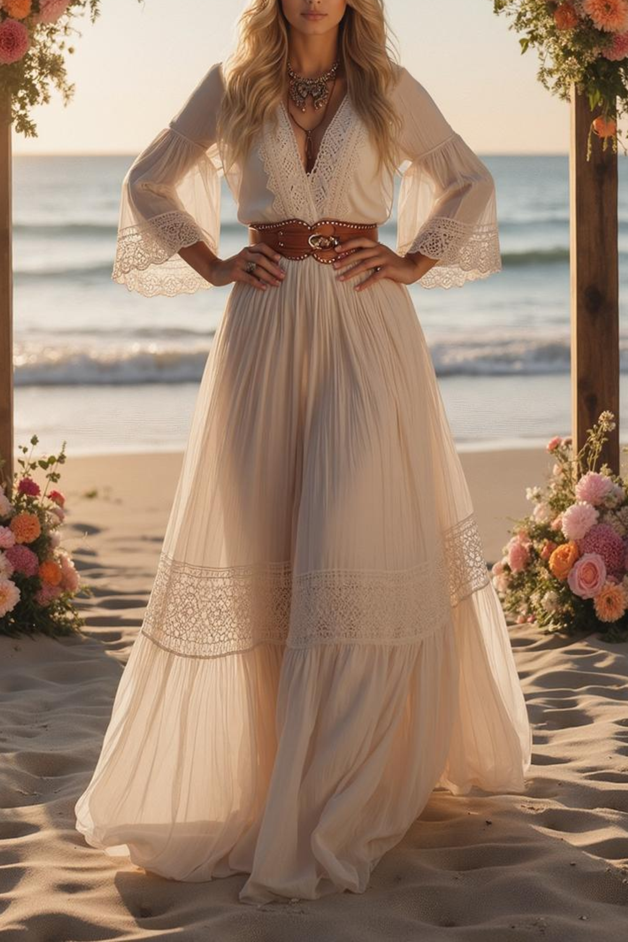 Formal ​Wedding Dress White V Neck Long Sleeve Maxi Lace Dress