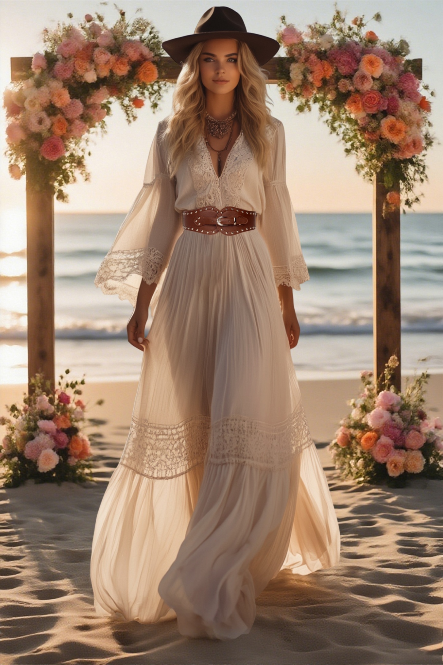 Formal ​Wedding Dress White V Neck Long Sleeve Maxi Lace Dress