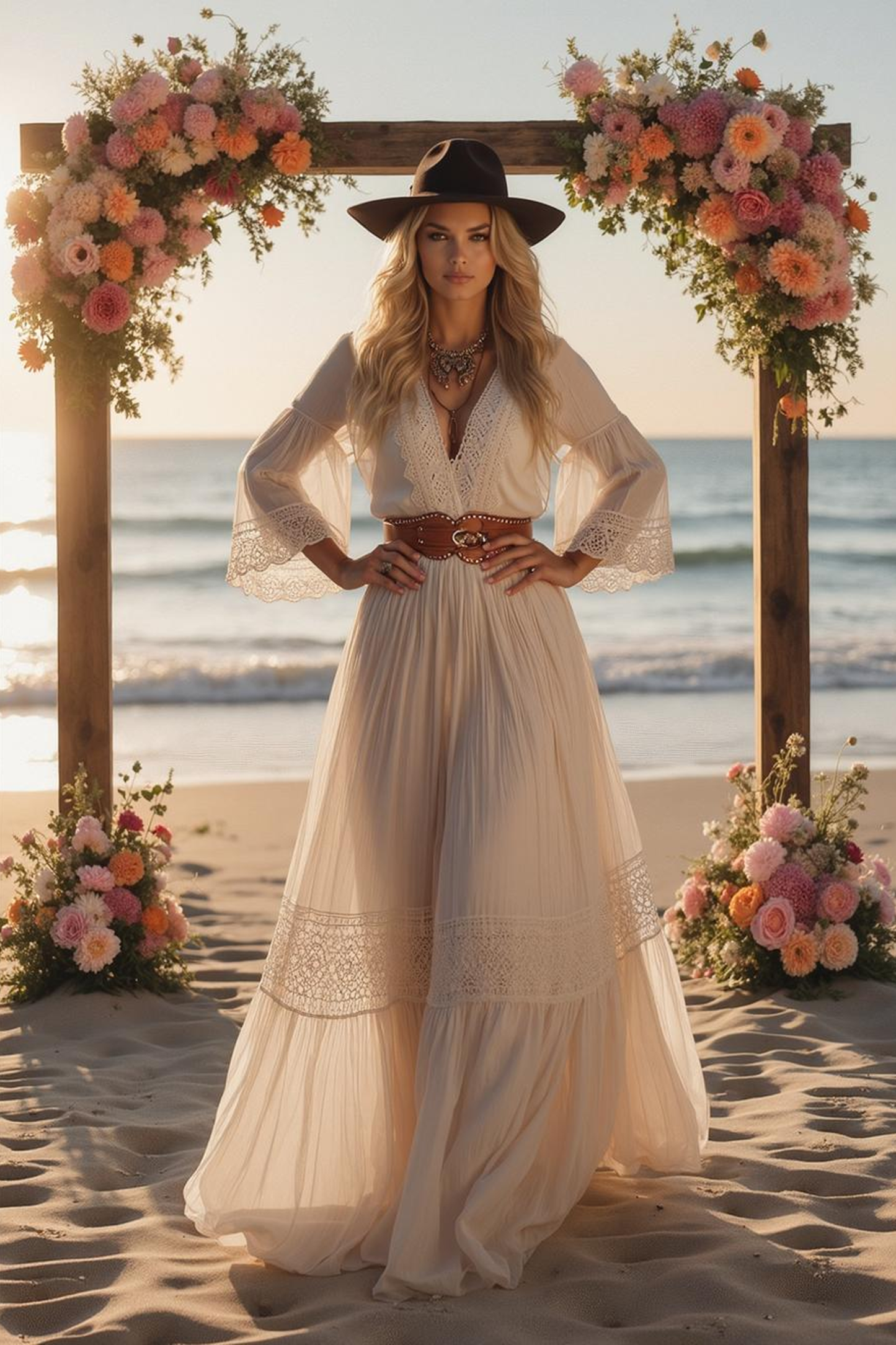 Formal ​Wedding Dress White V Neck Long Sleeve Maxi Lace Dress