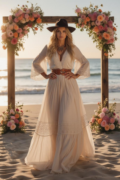 Formal ​Wedding Dress White V Neck Long Sleeve Maxi Lace Dress