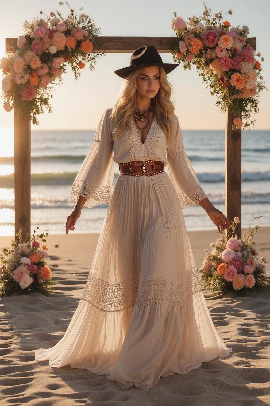 Formal ​Wedding Dress White V Neck Long Sleeve Maxi Lace Dress