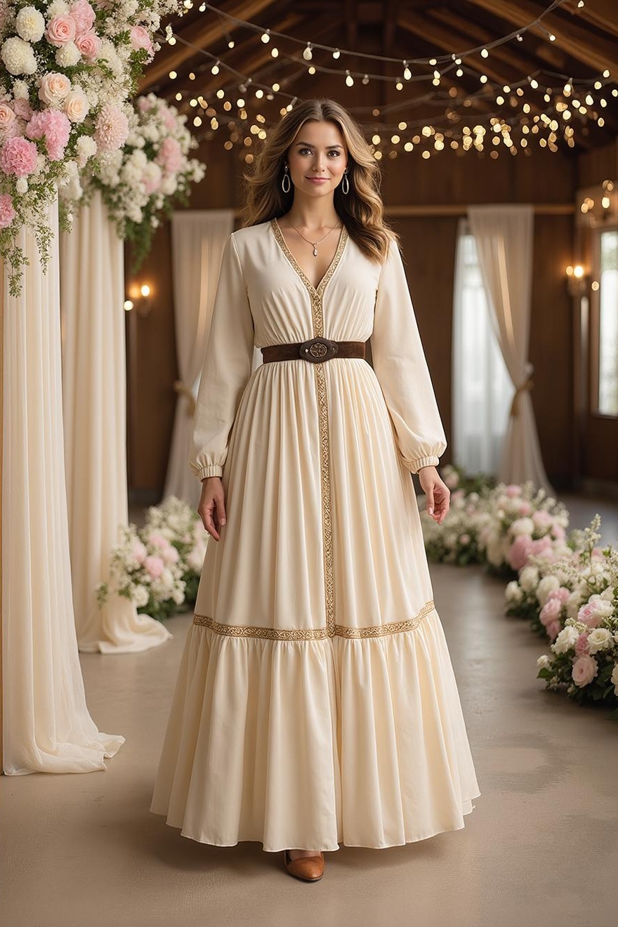 Simple ​Wedding Dress Beige V Neck Maxi Long Sleeve Dress