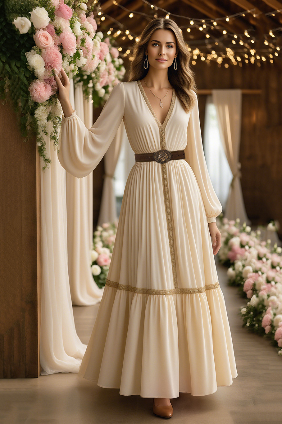 Simple ​Wedding Dress Beige V Neck Maxi Long Sleeve Dress