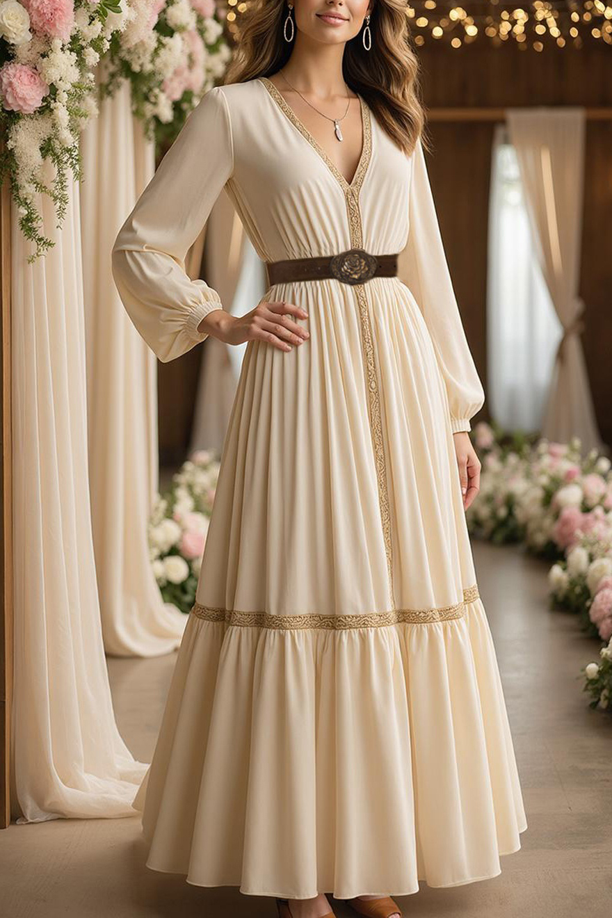 Simple ​Wedding Dress Beige V Neck Maxi Long Sleeve Dress