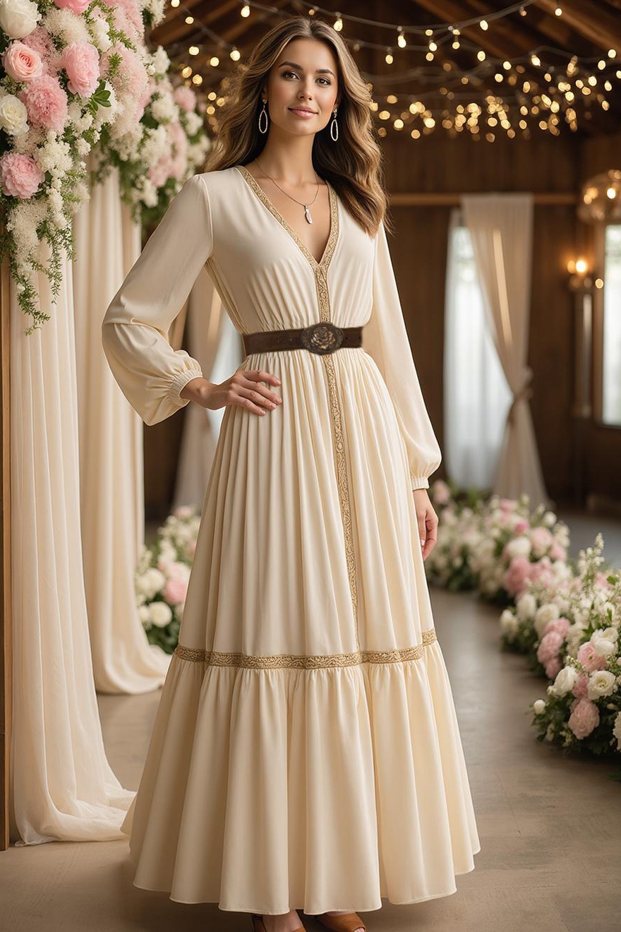 Simple ​Wedding Dress Beige V Neck Maxi Long Sleeve Dress