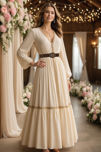 Simple ​Wedding Dress Beige V Neck Maxi Long Sleeve Dress