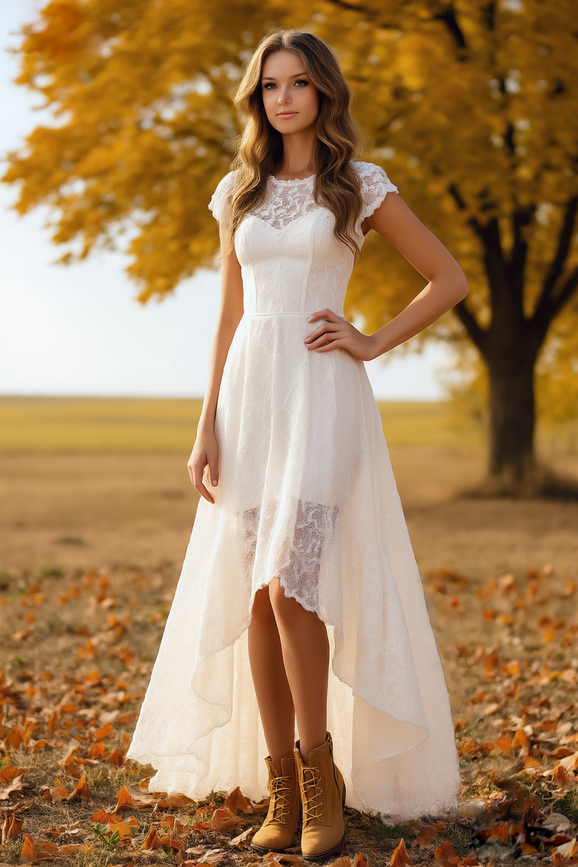 Simple ​Wedding Dress White Crew Neck Maxi Lace Dress