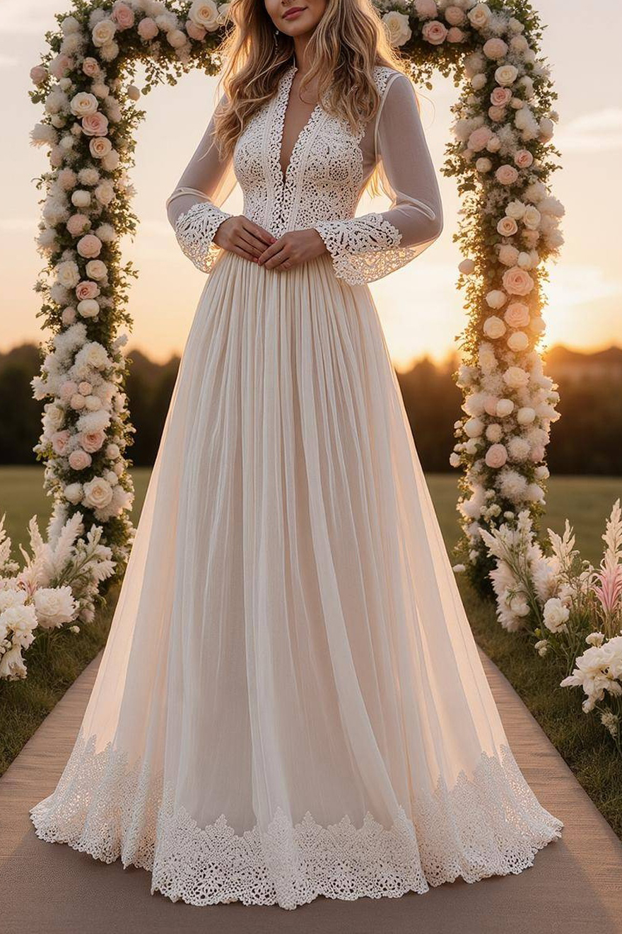 Formal ​Wedding Dress White V Neck Long Sleeve Maxi Lace Dress