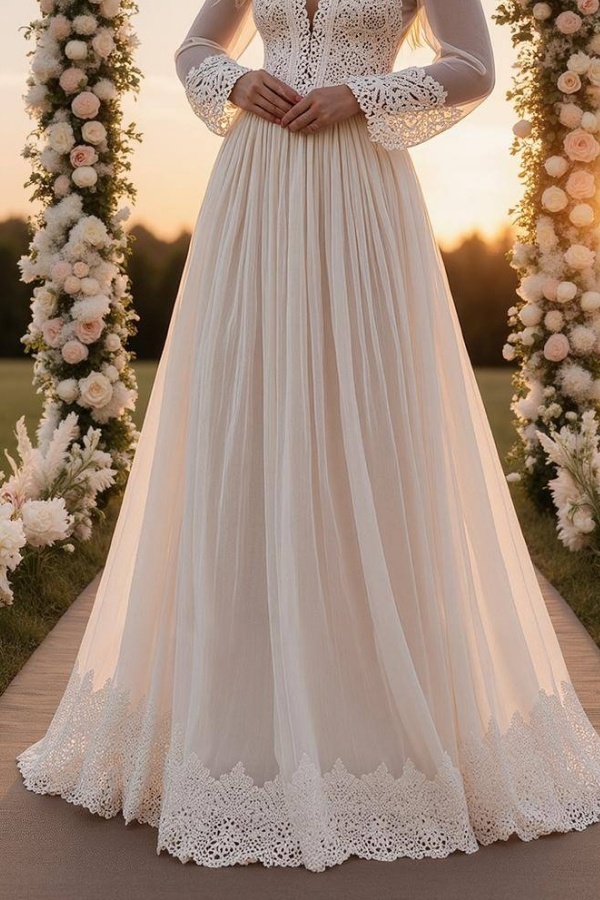 Formal ​Wedding Dress White V Neck Long Sleeve Maxi Lace Dress